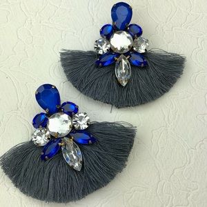 Grey Blue White Fan Chandelier Statement Earrings